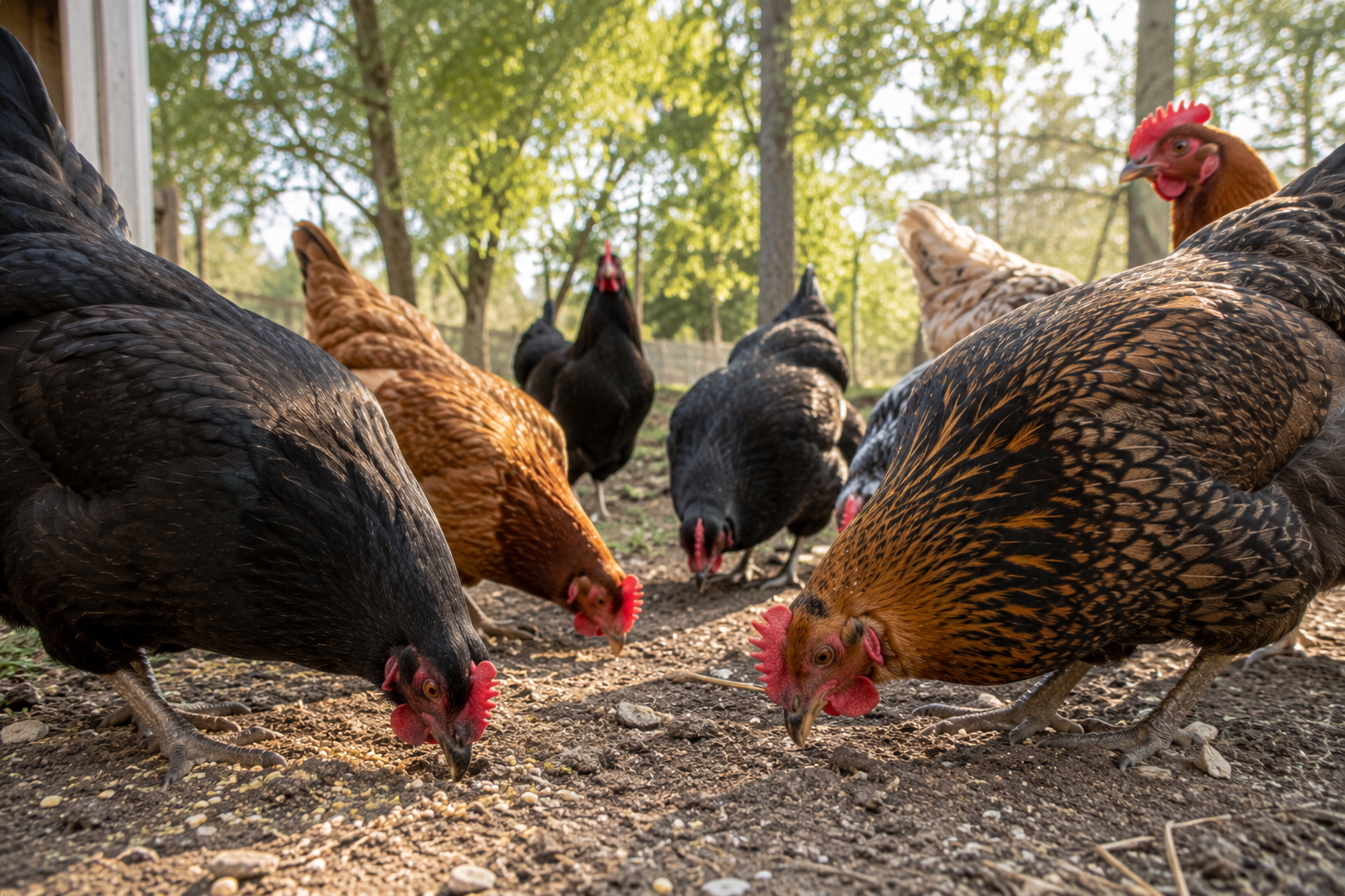 A lively flock of chickens foraging together at Harper Farm.